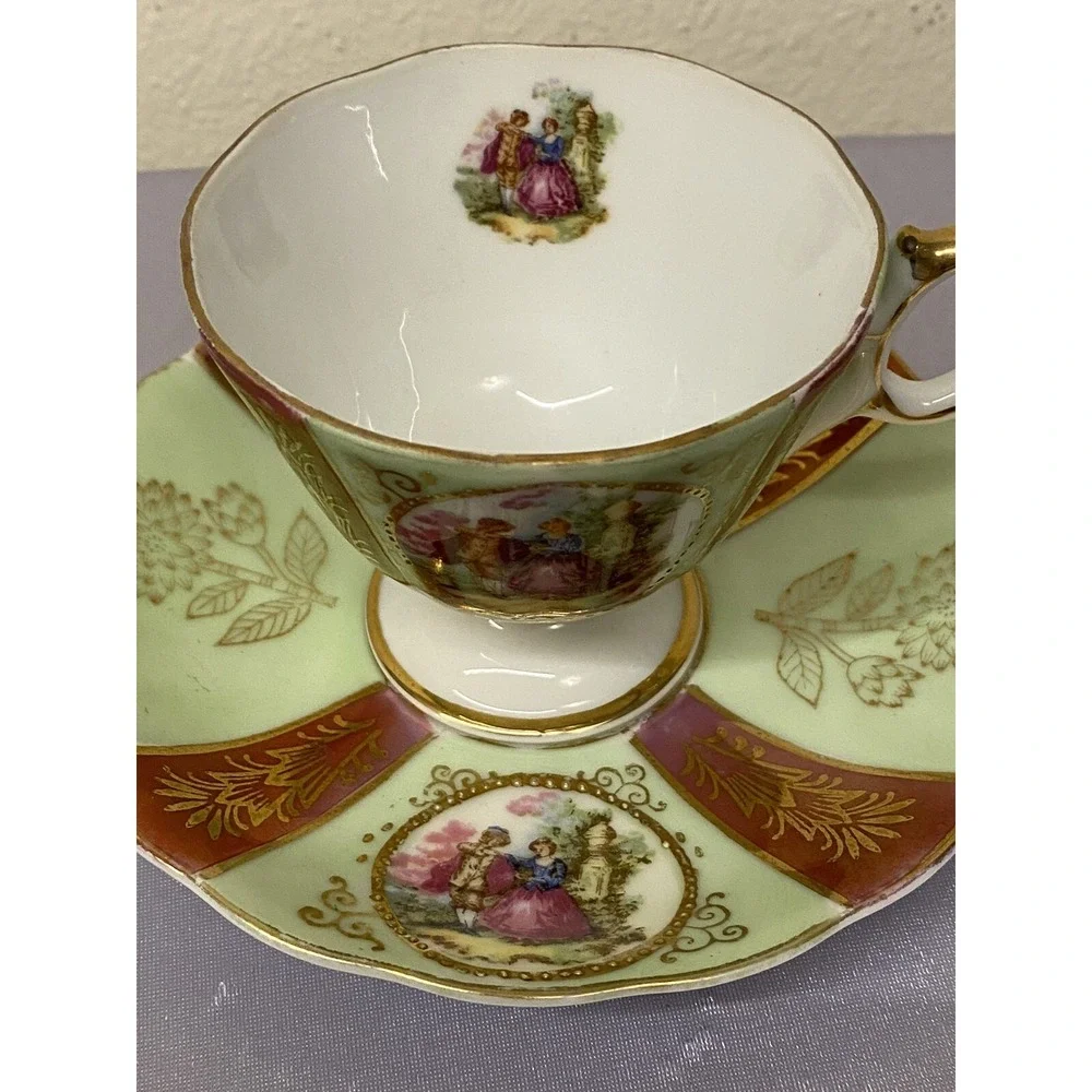 Royal Sealy China Japan Cup and Saucer - Courting Couple Mint Green /Iridescence